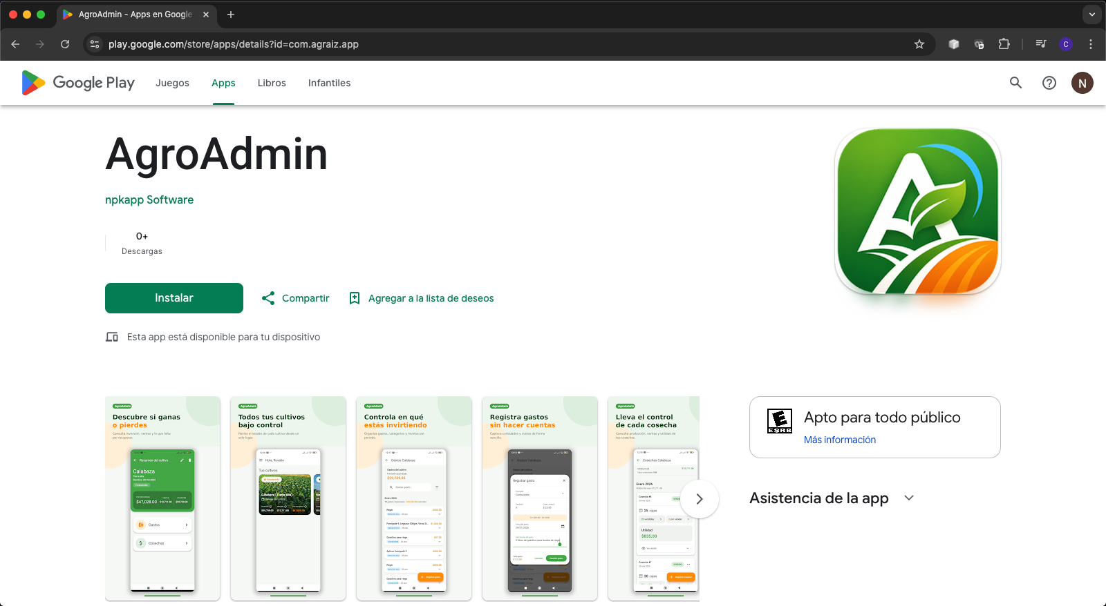 Ficha de AgroAdmin disponible en Google Play