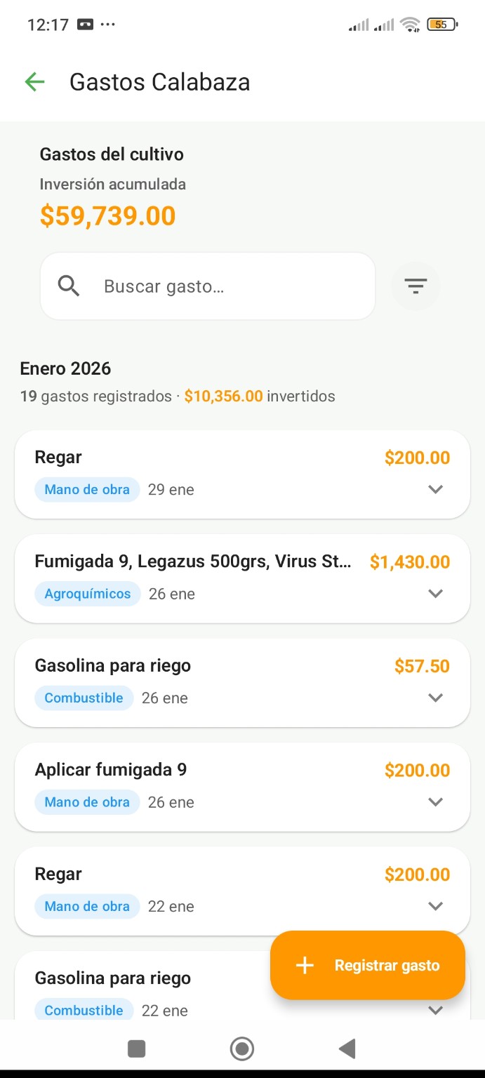 Pantalla de gastos AgroAdmin